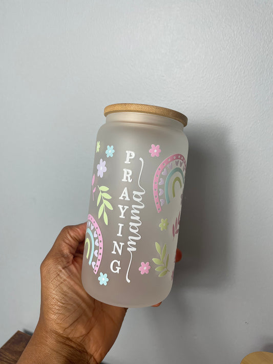 Praying mama glass cup with bamboo lid and glass straw