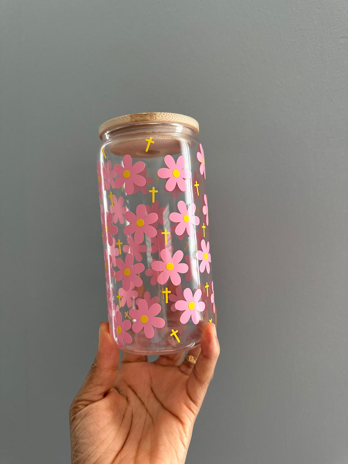 Pink Daisies Glass cup