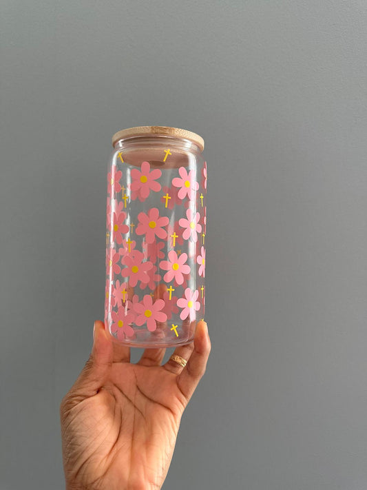 Pink Daisies Glass cup